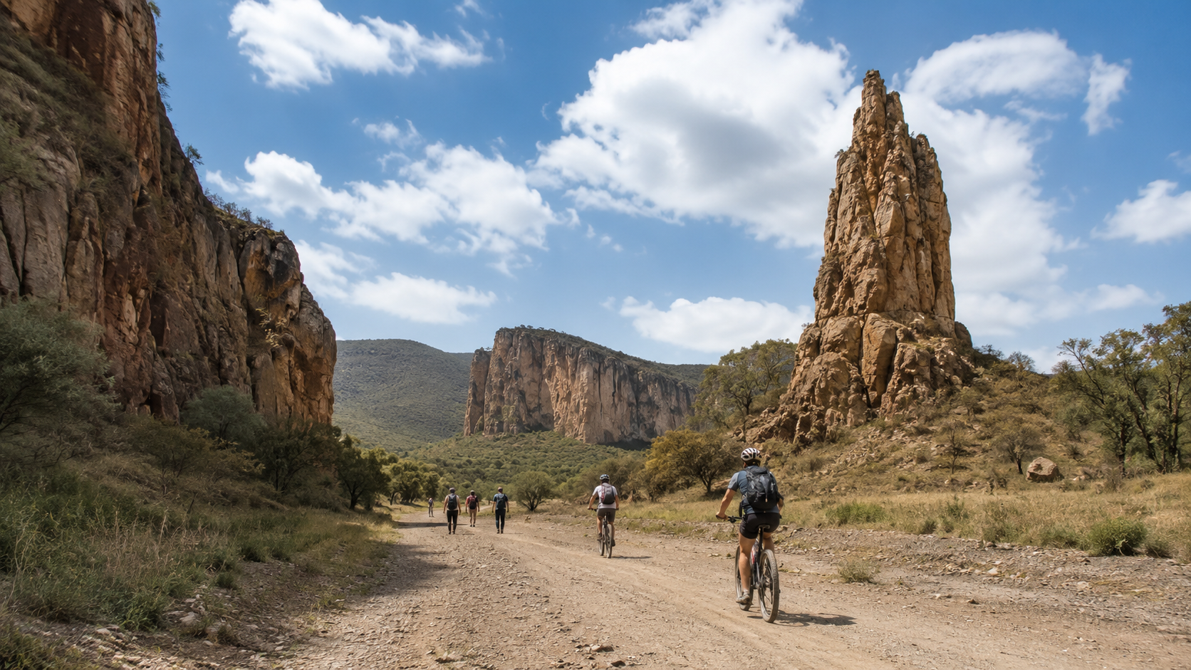 Cycling and walking safari scenery in Hell's Gate National Park Kenya