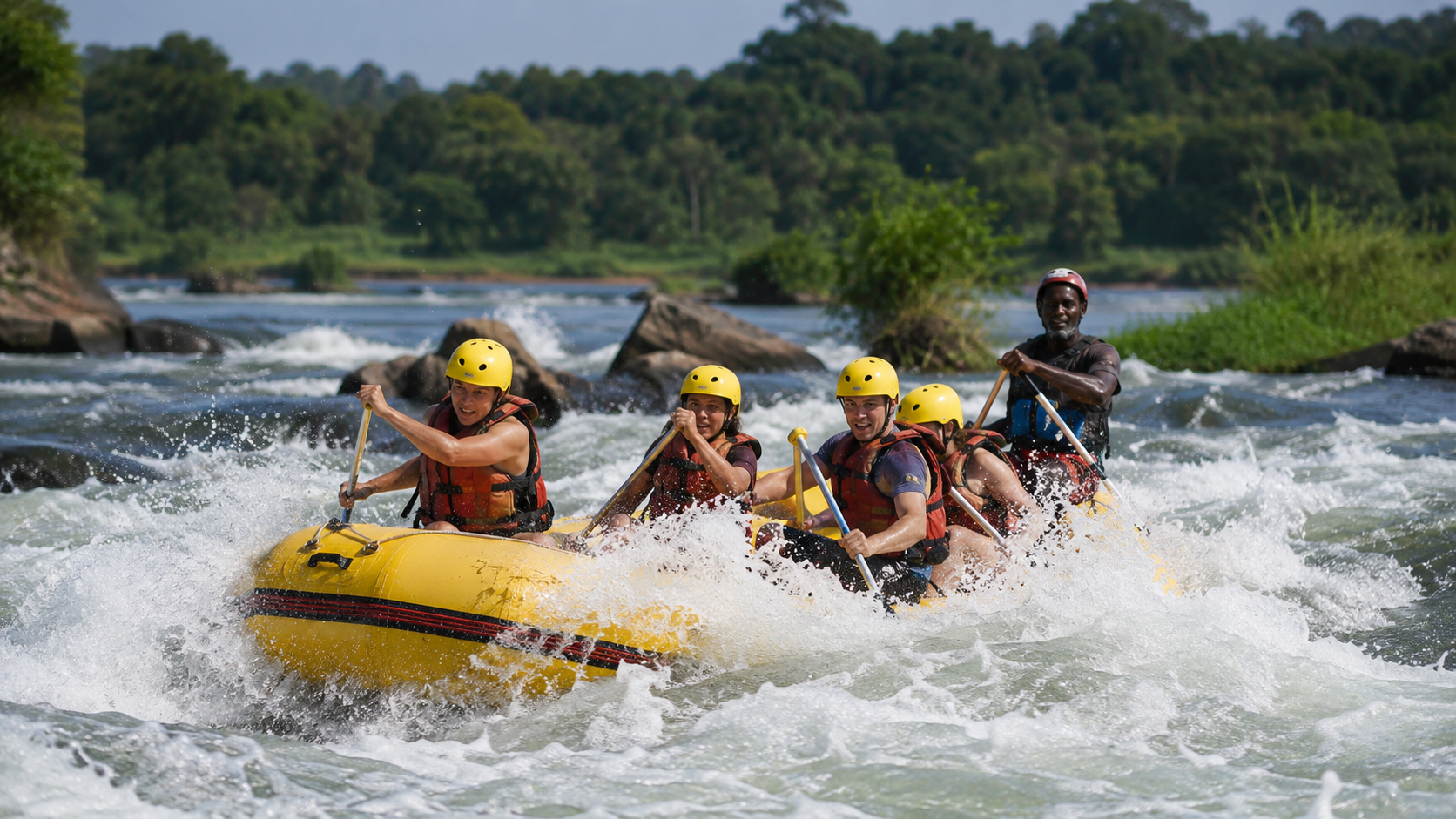 Tourists kayaking on the Nile River in jinja