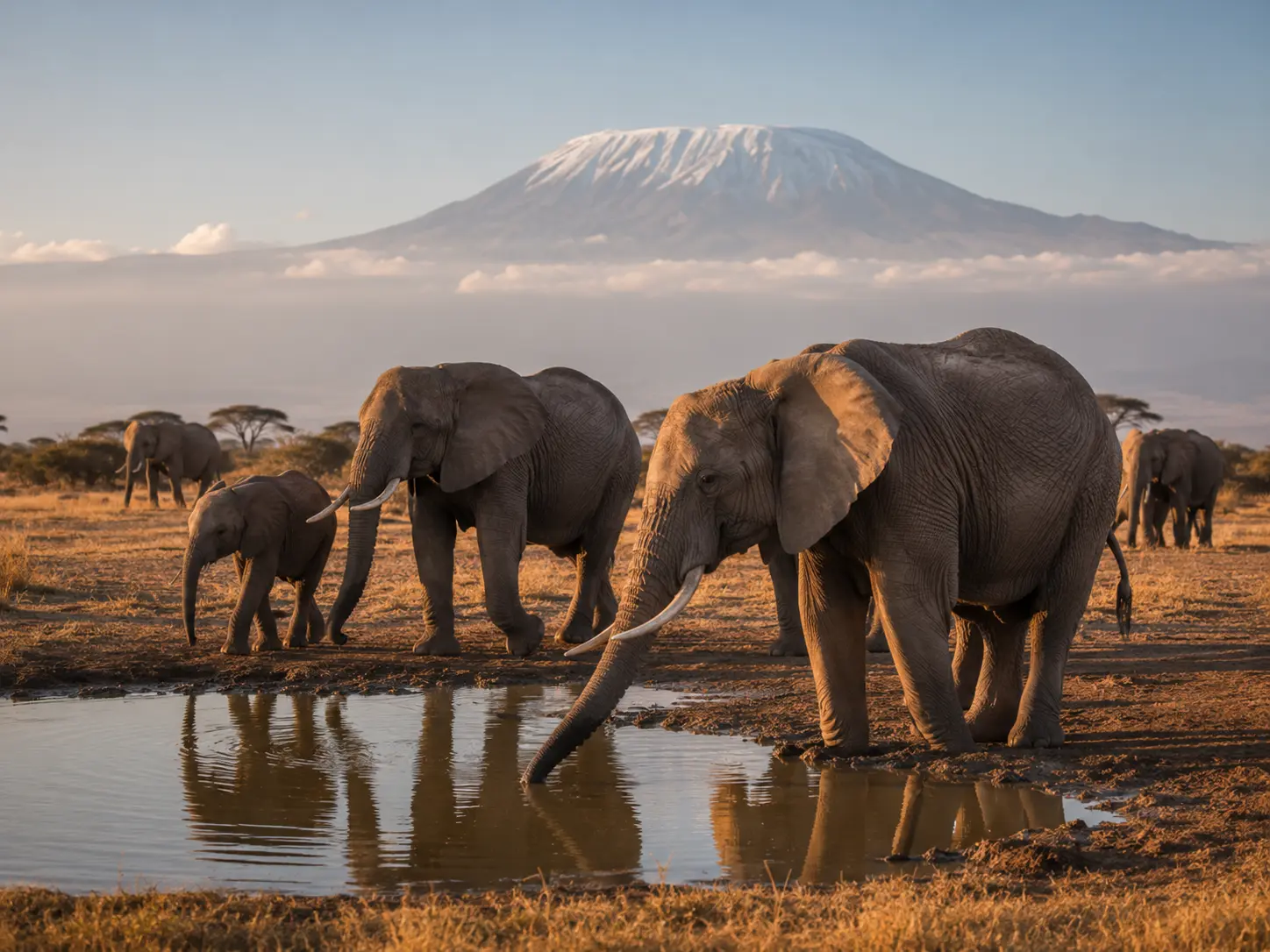 Elephants walking below Mount Kilimanjaro in Amboseli National Park Kenya safari