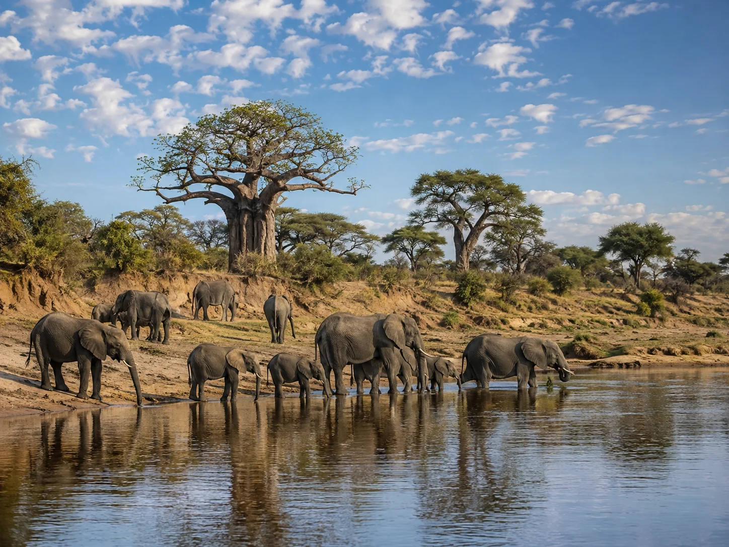 Elephants and baobab trees in Tarangire National Park during a Tanzania safari