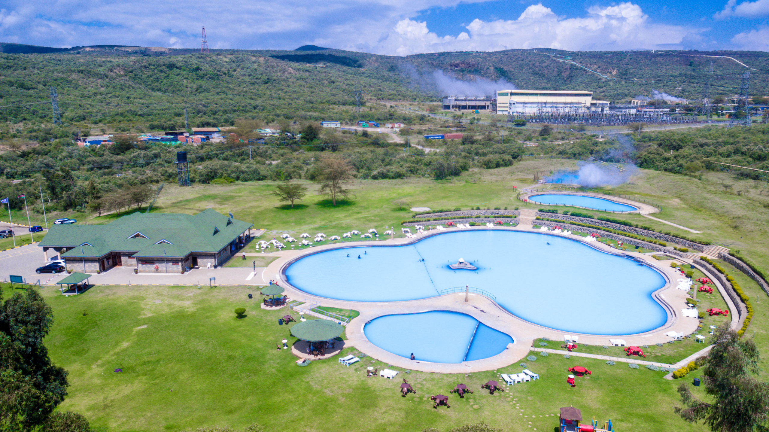 Aerial view of Olkaria Geothermal Spa pools in Hell’s Gate National Park, Kenya