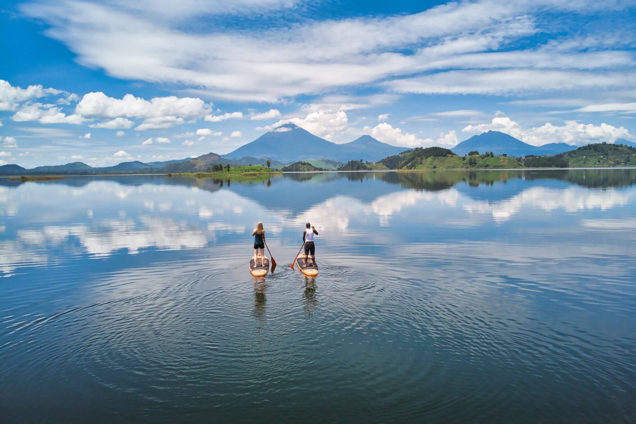 Peaceful lake surrounded by mountain scenery